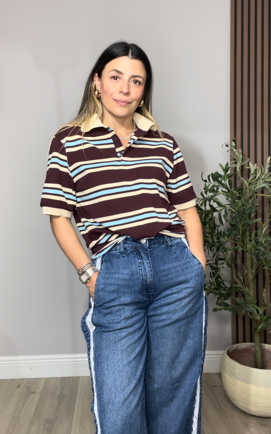 Striped Knit Polo Top - 33359