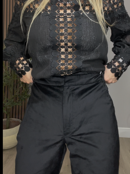 Elegant High-Waisted Black Satin Pants - 33510