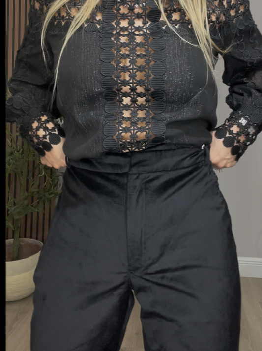 Elegant High-Waisted Black Satin Pants - 33510