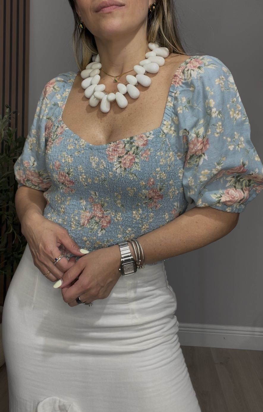 Floral Smocked Puff Sleeve Blouse - 33616