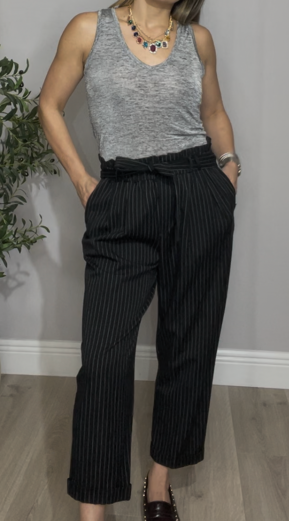 Pinstripe Paperbag Waist Pants - 33475