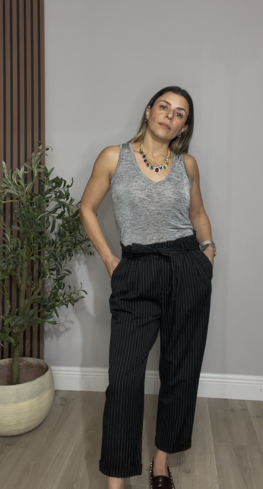 Pinstripe Paperbag Waist Pants - 33475