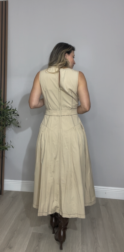 Beige Sleeveless Midi Dress with Belt - 33637