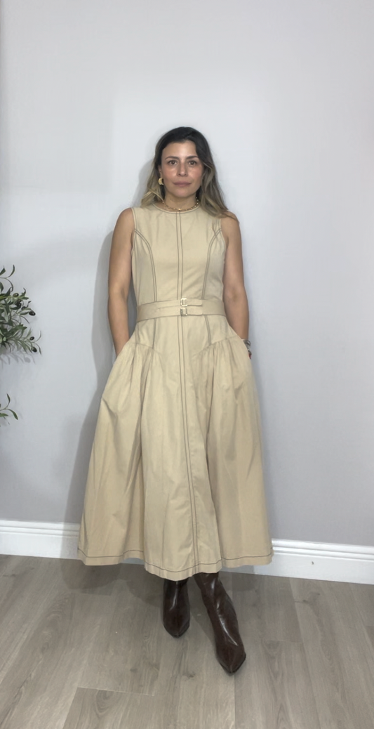 Beige Sleeveless Midi Dress with Belt - 33637