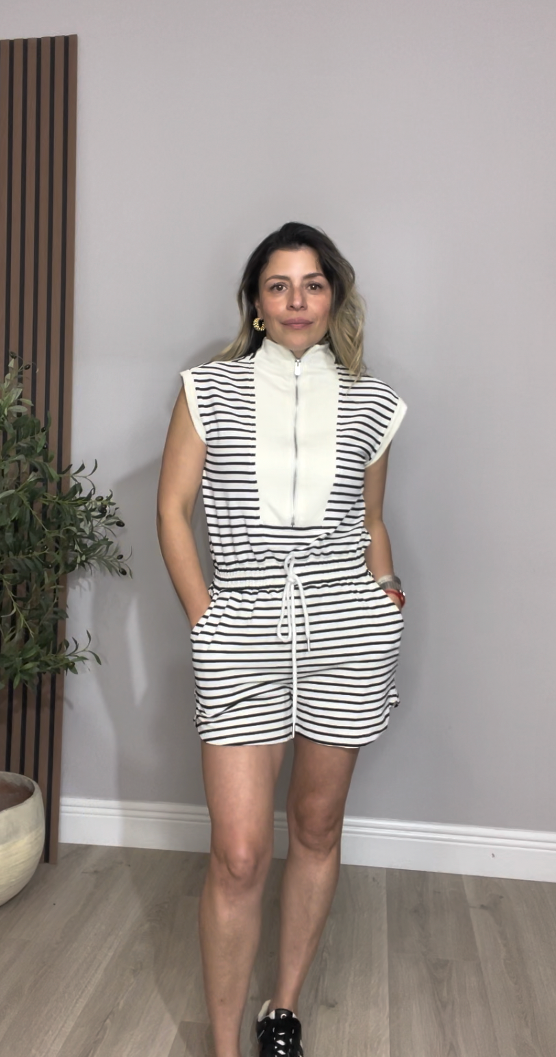 Striped Sleeveless Romper – Ivory & Black - 33874