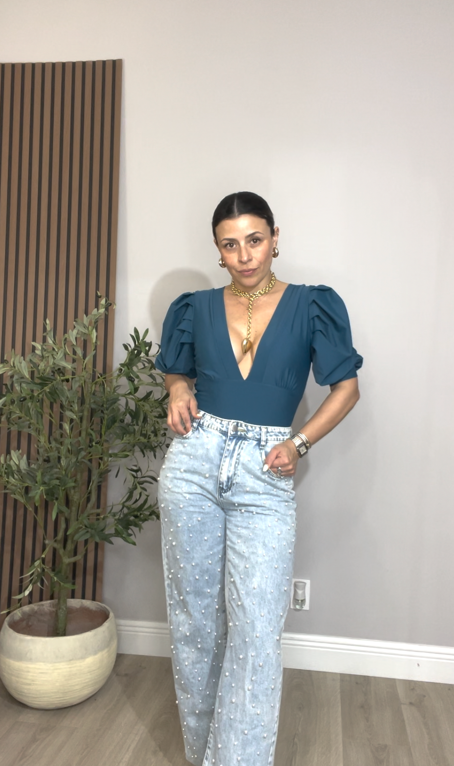Praia Deep V-Neck Puff Sleeve One-Piece – Deep Teal - 33805