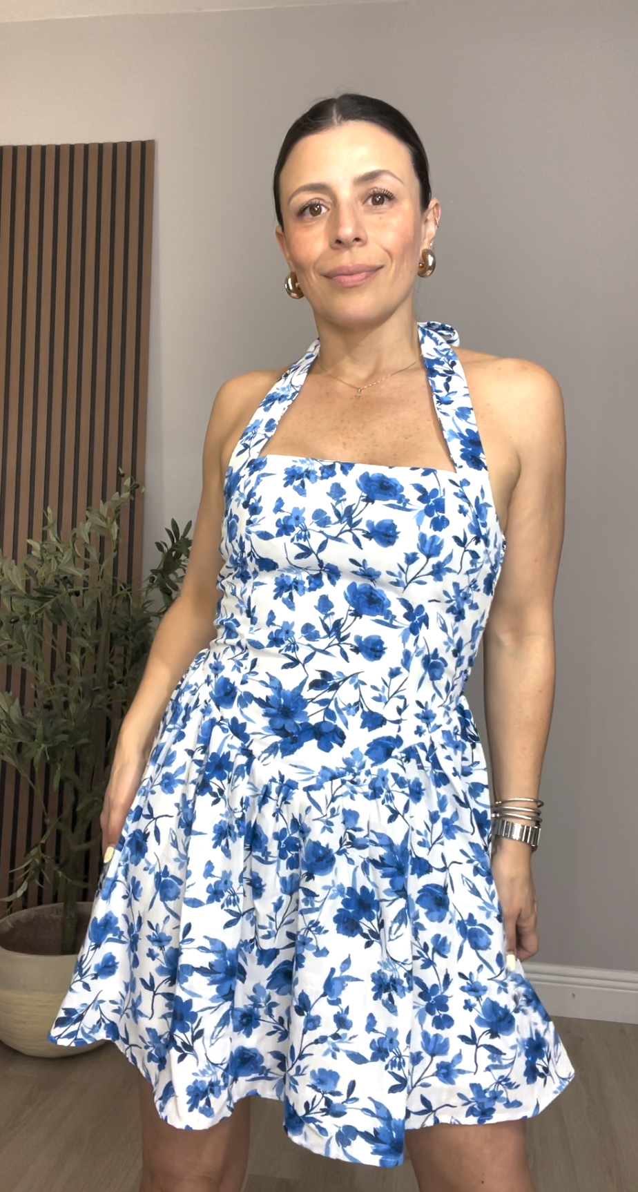 Mediterranean Floral Halter Mini Dress - 33624