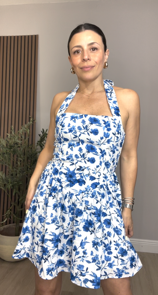 Mediterranean Floral Halter Mini Dress - 33624