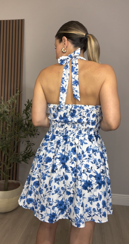 Mediterranean Floral Halter Mini Dress - 33624