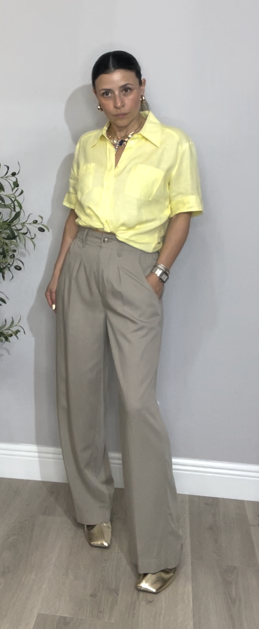 Sandstone High-Waist Pleated Wide-Leg Trousers - 33761