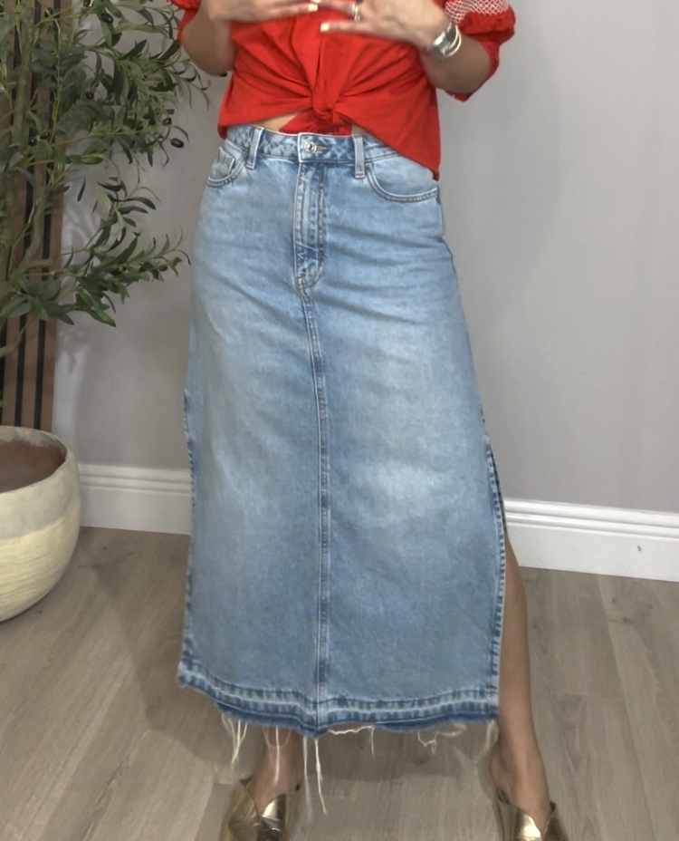 Vintage-Wash Denim Maxi Skirt with Side Slit - 33846