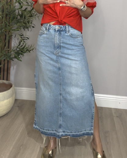 Vintage-Wash Denim Maxi Skirt with Side Slit - 33846