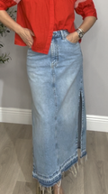 Vintage-Wash Denim Maxi Skirt with Side Slit - 33846