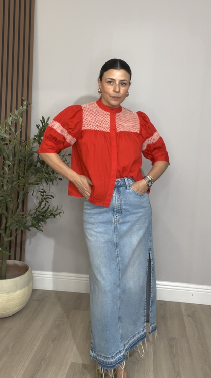 Vintage-Wash Denim Maxi Skirt with Side Slit - 33846