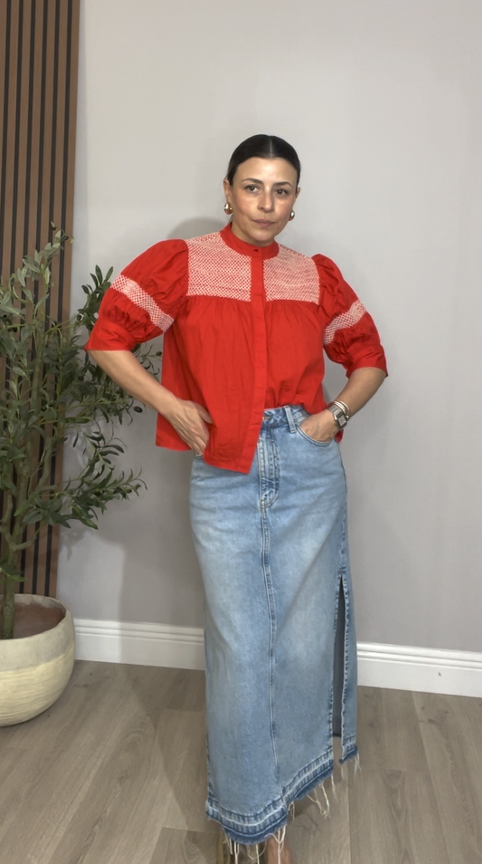 Vintage-Wash Denim Maxi Skirt with Side Slit - 33846