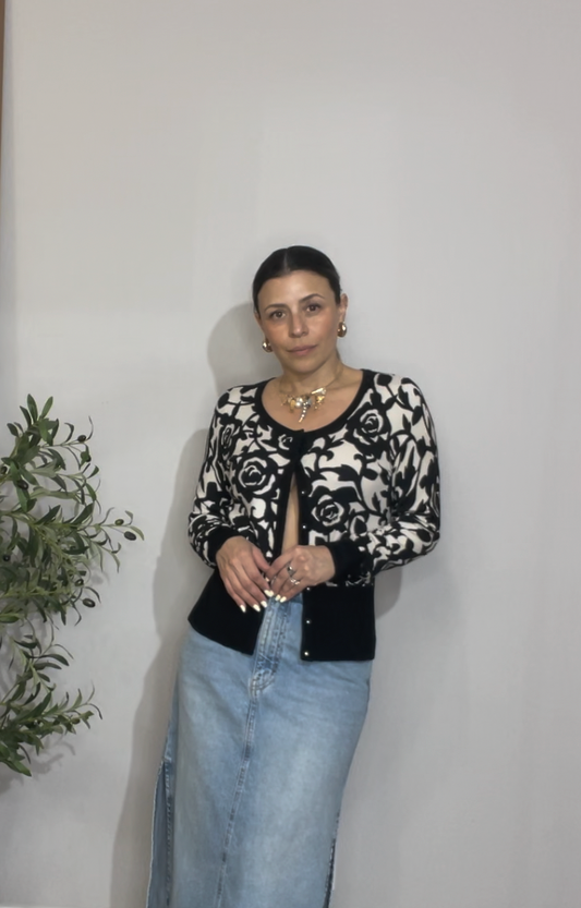 Monochrome Rose Intarsia Cardigan - 33707