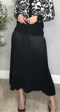 Midnight Noir Textured Plissé Midi Skirt - 33847