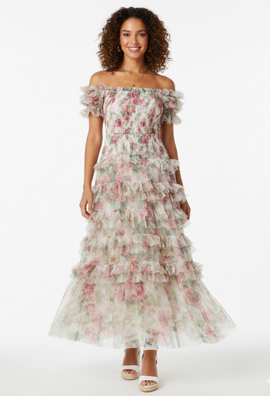 Bella Barnett Floral Tulle Tiered Maxi Dress - 30127