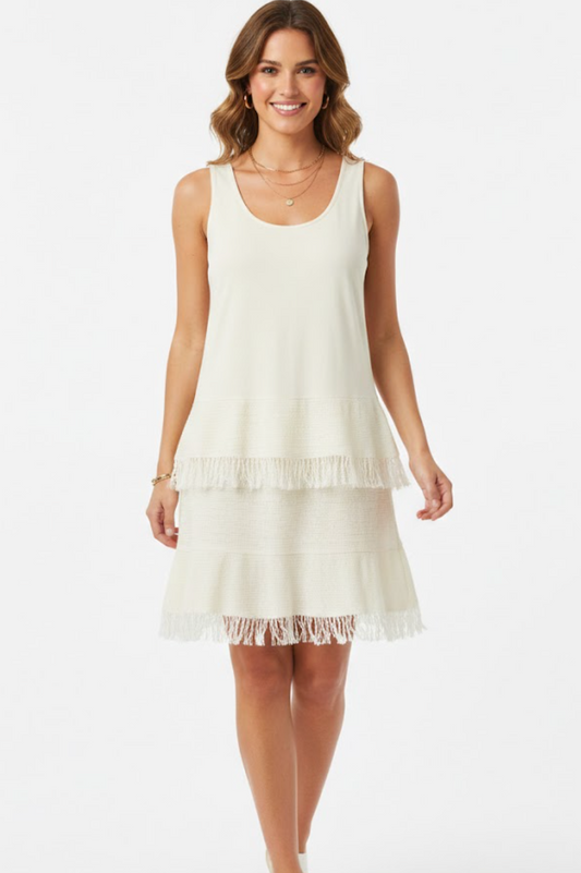 Theory Cream Tiered Fringe Knit Dress - 32687