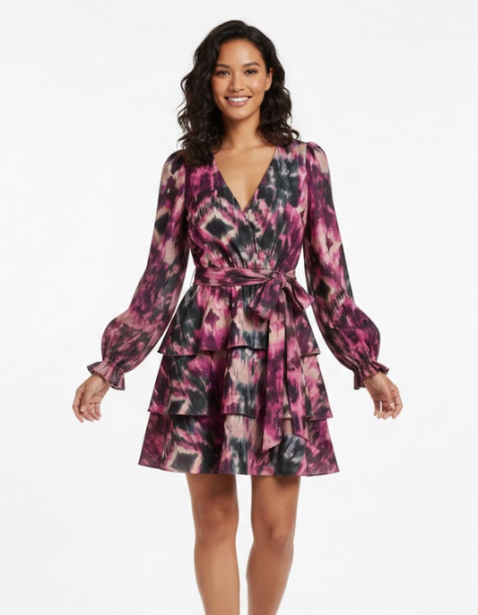 Marie Oliver Watercolor Ikat Tiered Mini Dress - 33210