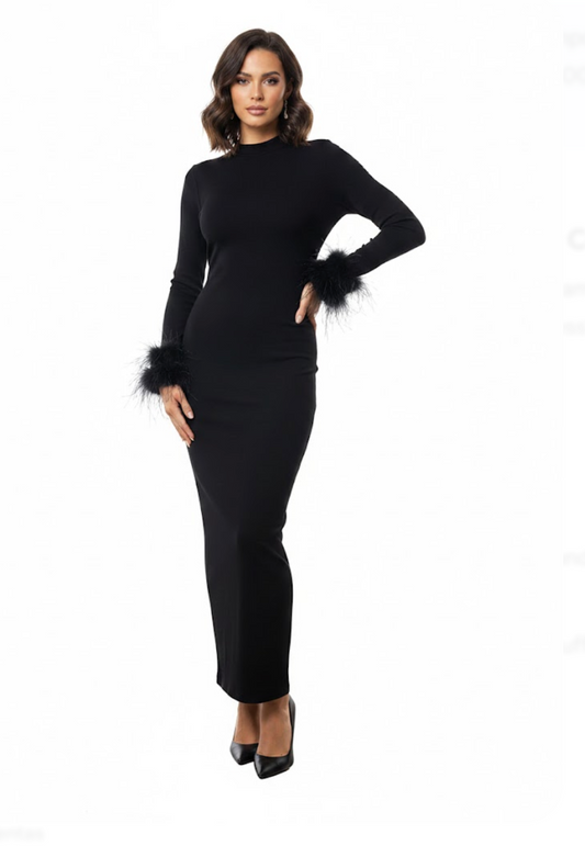 NAKED WARDROBE Long Cotton Dress with Faux Fur Cuffs - 24755