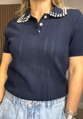 Pearl-Embellished Cable Knit Polo - 33785