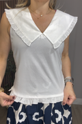 White Sleeveless Blouse with Statement Ruffle Collar - 33788