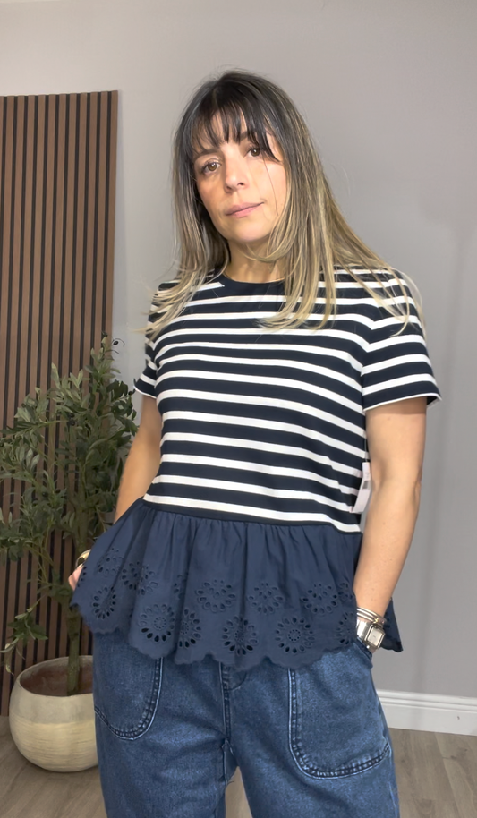 Kate Spade Striped Peplum Blouse with Eyelet Detail - 33786