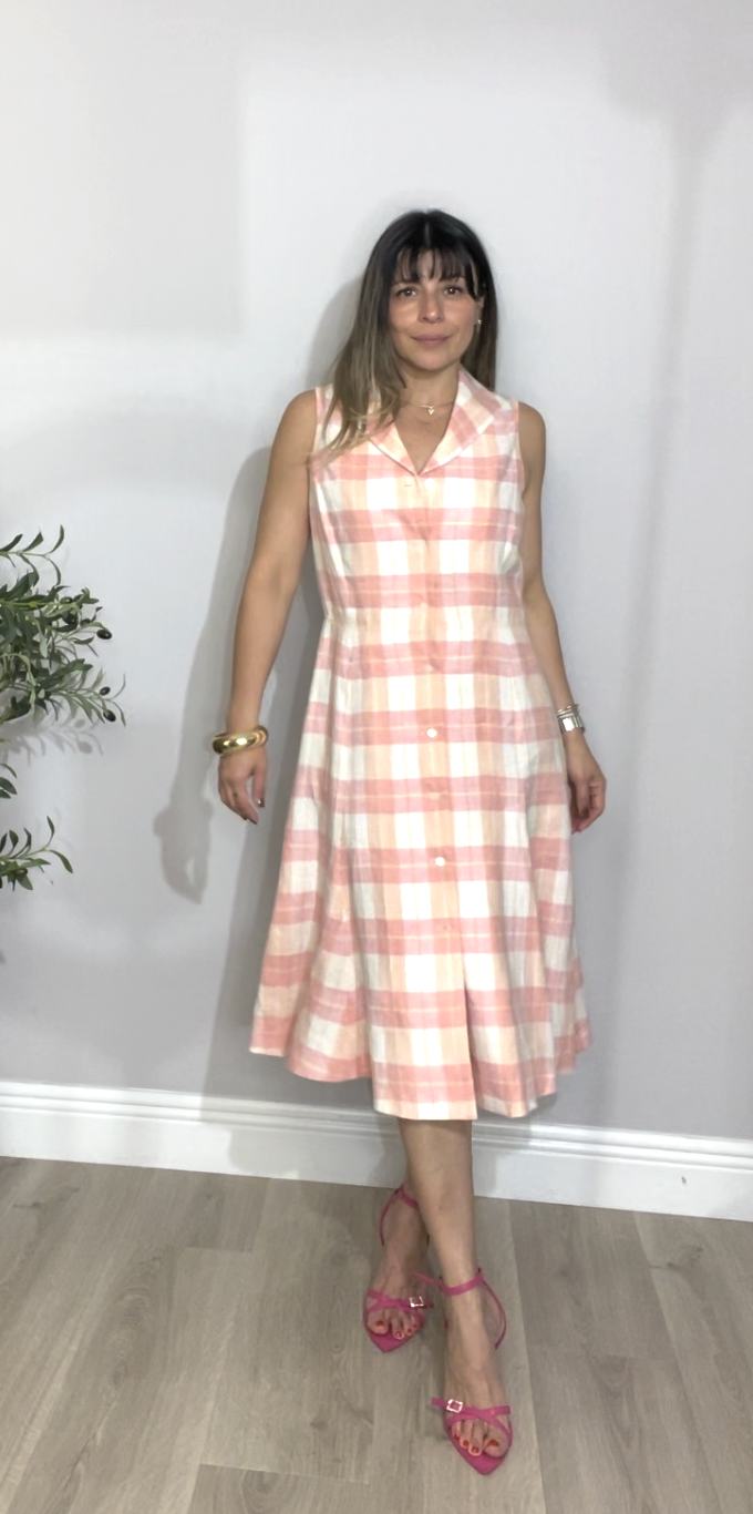 Pink Gingham Linen Midi Dress - 33301