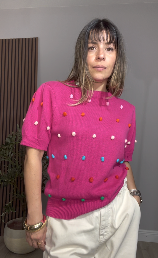 Vibrant Fuchsia Pom-Pom Knit Top - 33807