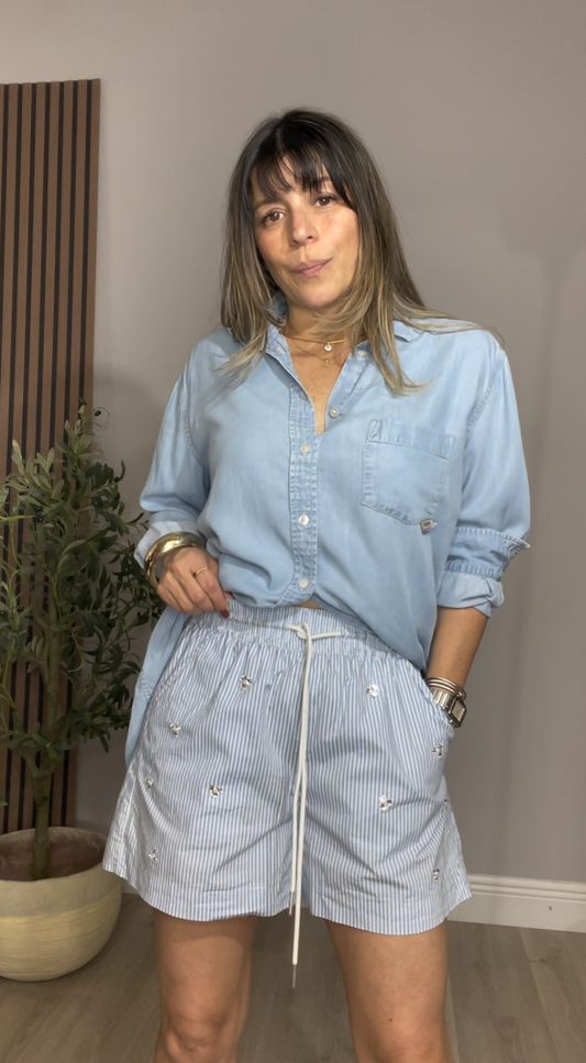 Embroidered Striped Drawstring Shorts - 33806