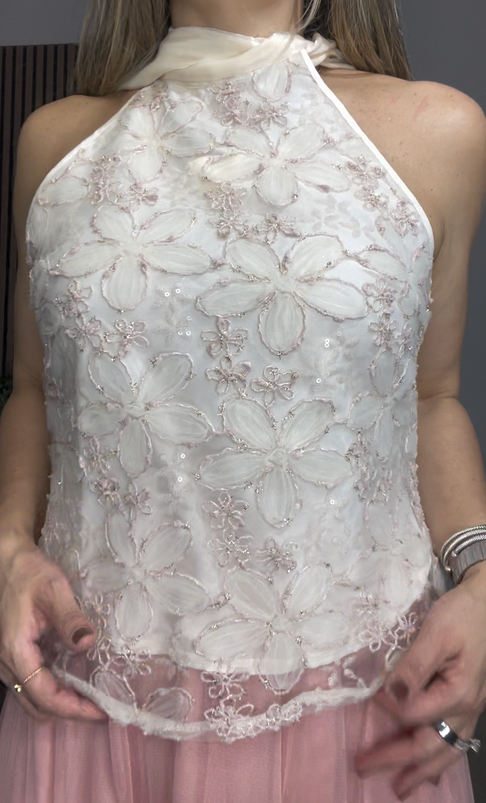 Embroidered Floral Halter Top with Oversized Bow - 33908