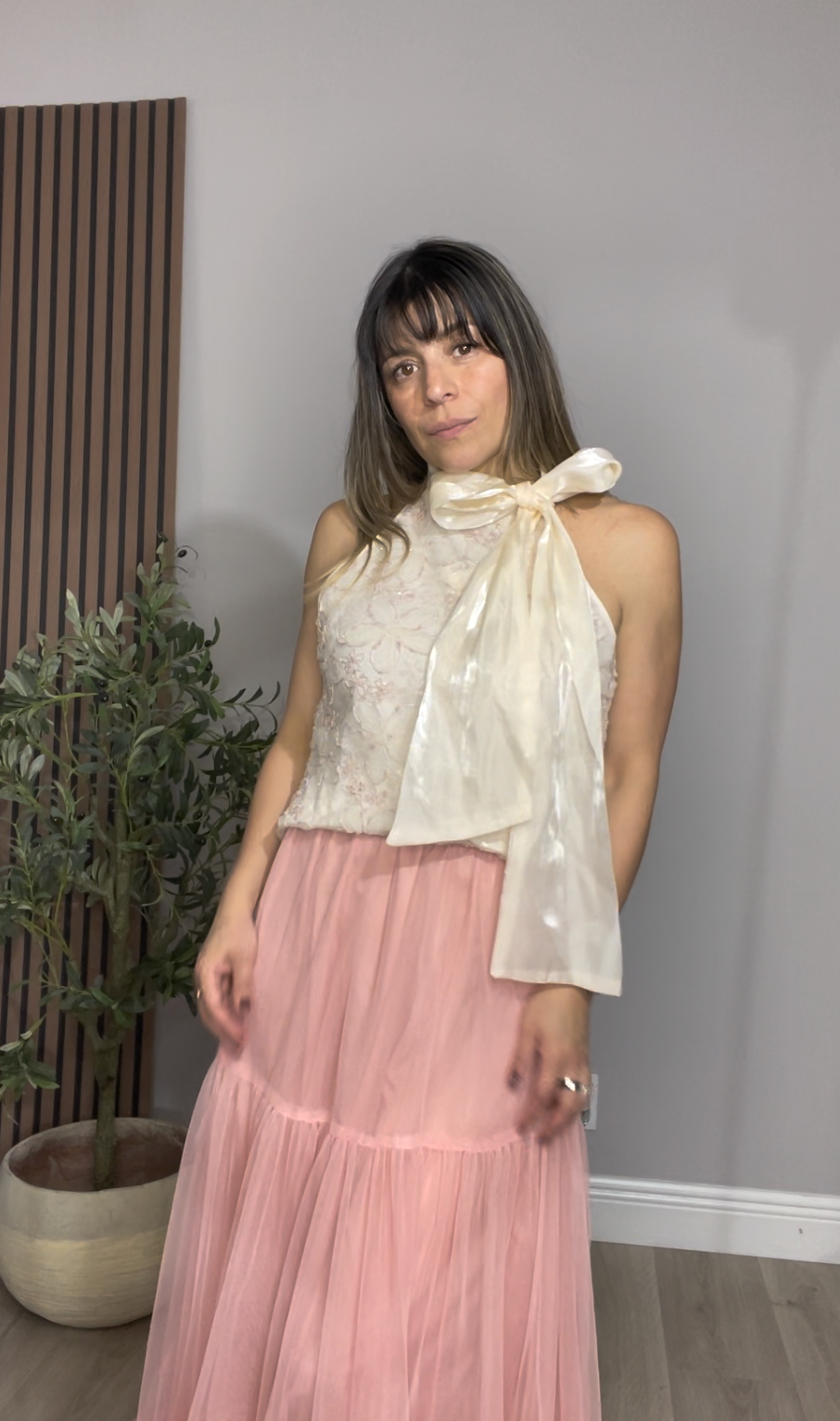 Embroidered Floral Halter Top with Oversized Bow - 33908