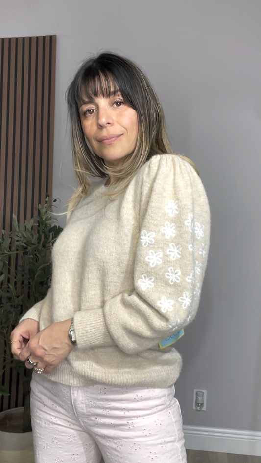 Oatmeal Knit Sweater with Floral Sleeve Embroidery - 33803