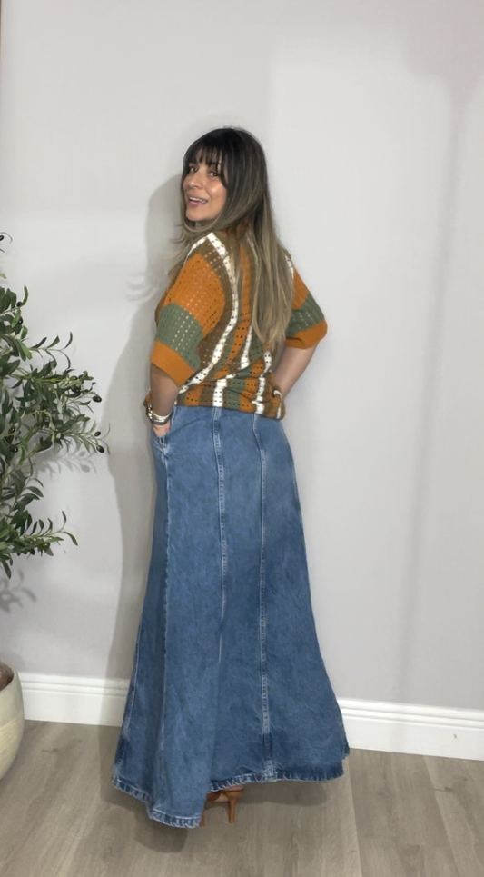 High-Waisted Denim Maxi Skirt - 33845