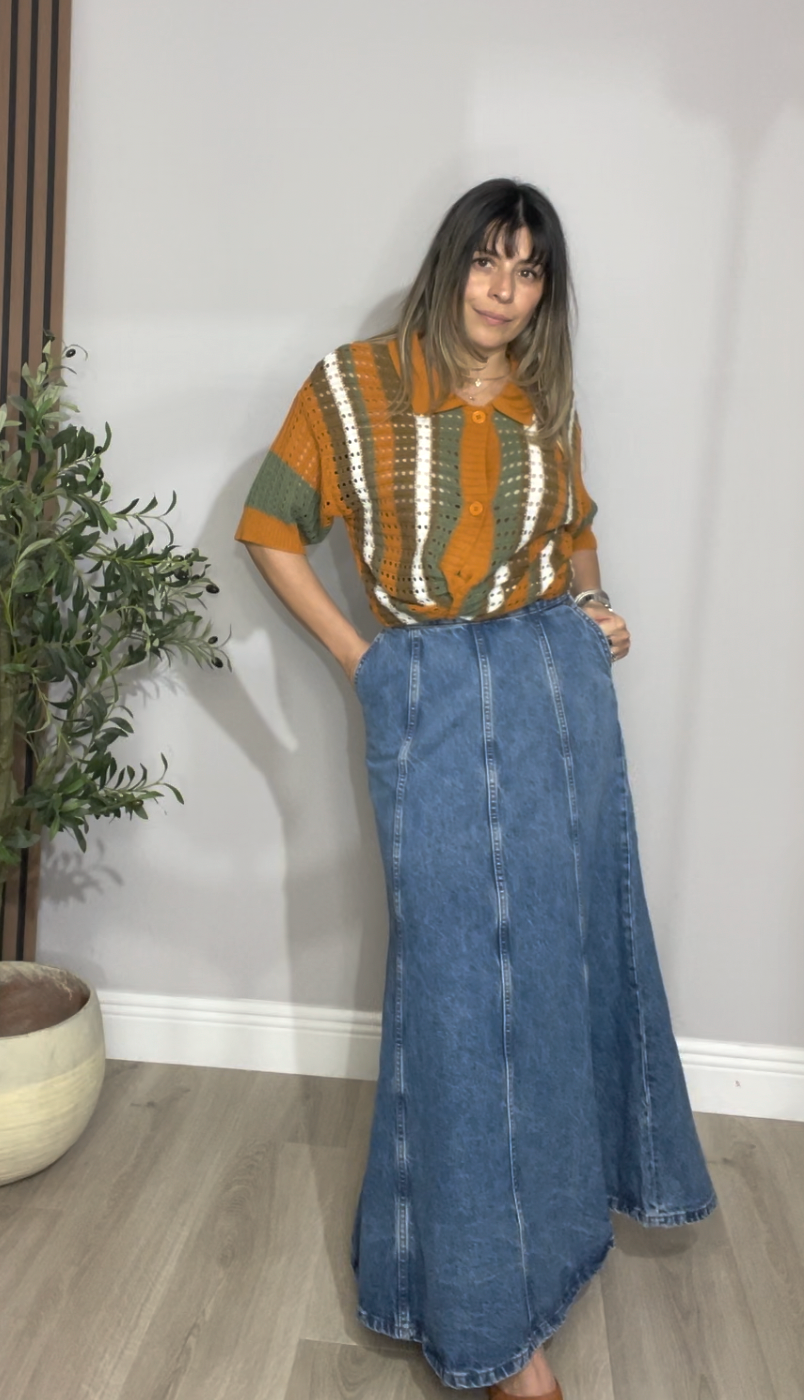 High-Waisted Denim Maxi Skirt - 33845