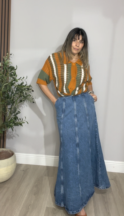 High-Waisted Denim Maxi Skirt - 33845