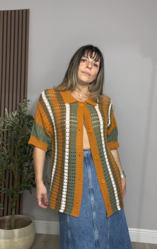 Retro Stripe Open-Knit Polo Shirt -  33802