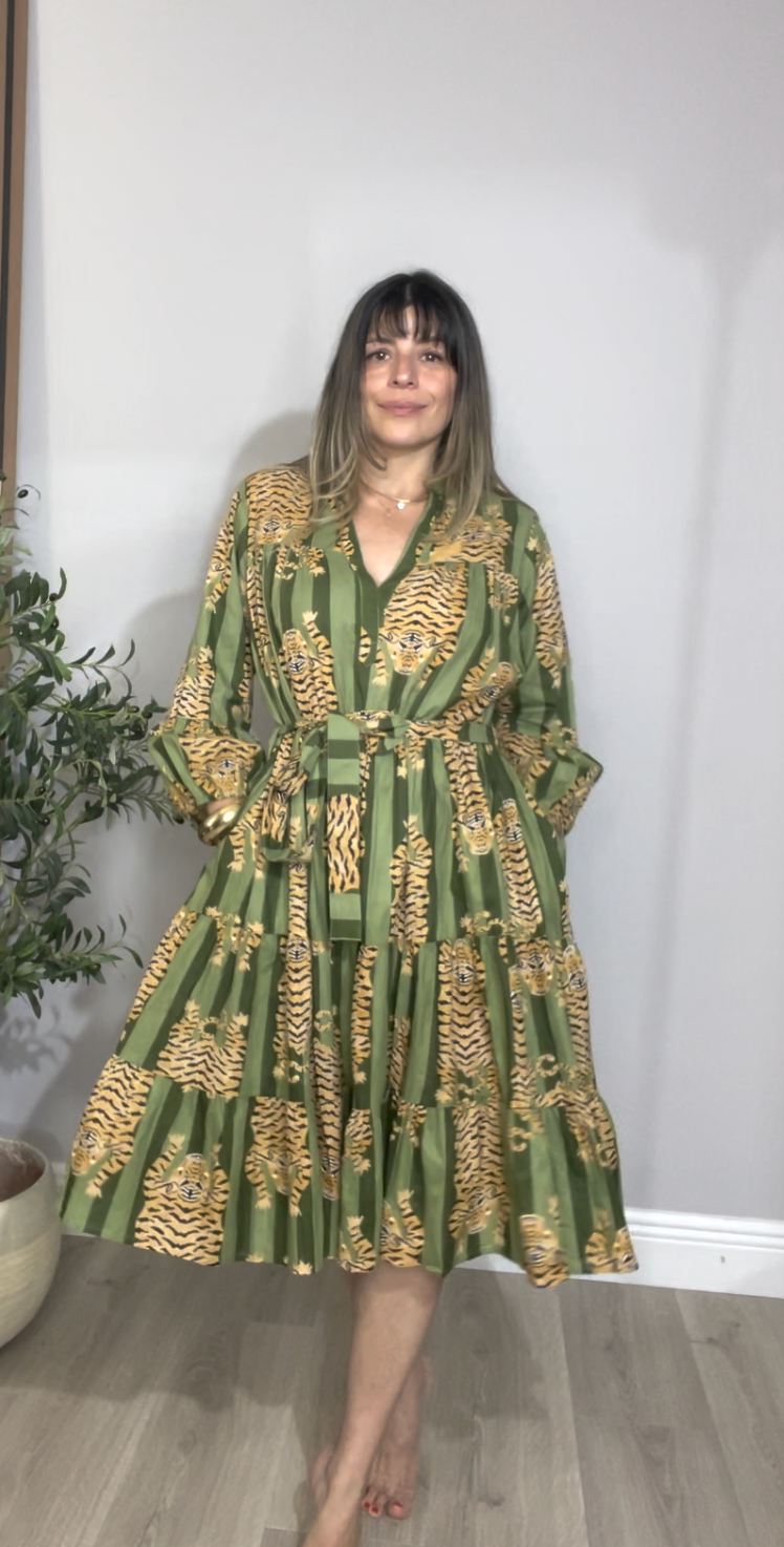 Tiger Print Tiered Midi Dress - 33898