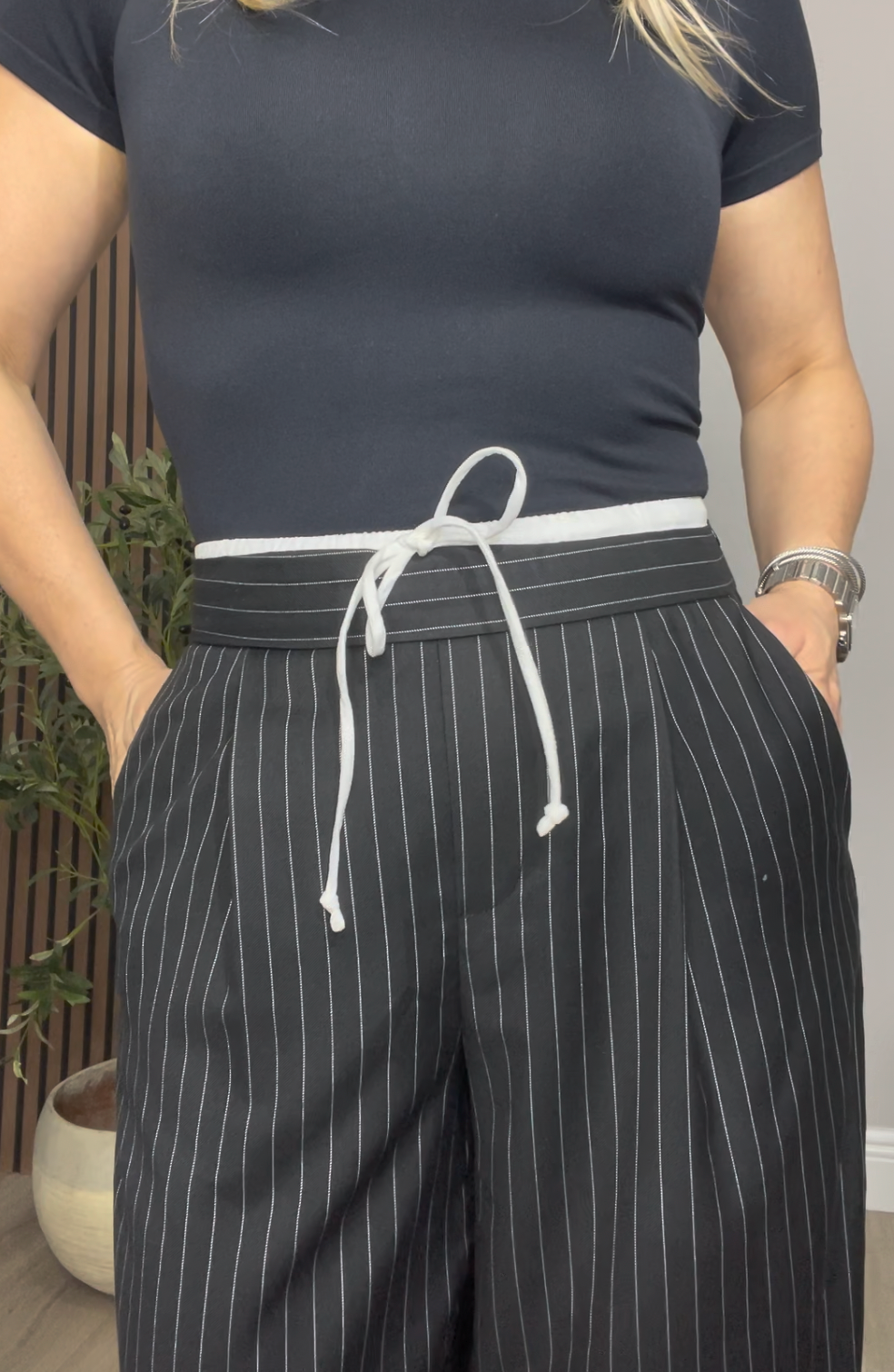 High-Waist Pinstripe Wide-Leg Trousers -  34072