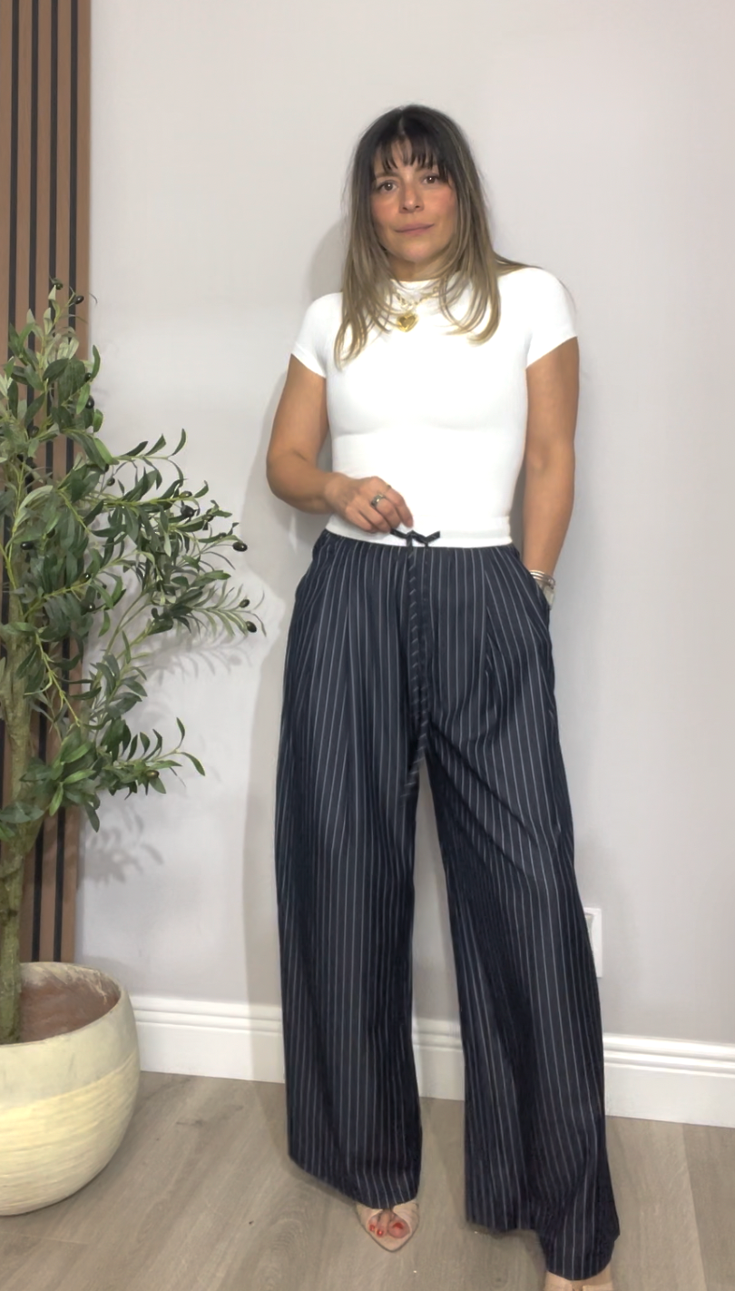 Deep Navy Pinstripe Wide-Leg Trousers - 34071