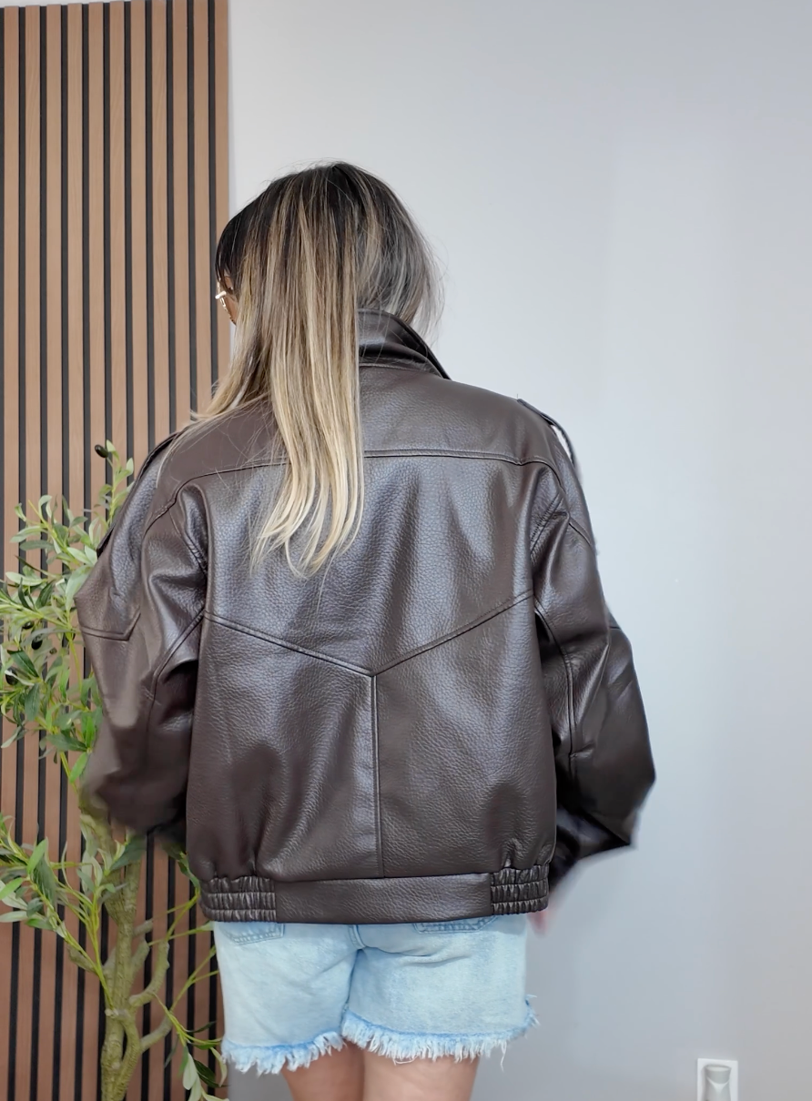 Chocolate Brown Oversized Faux-Leather Bomber Jacket - 34107