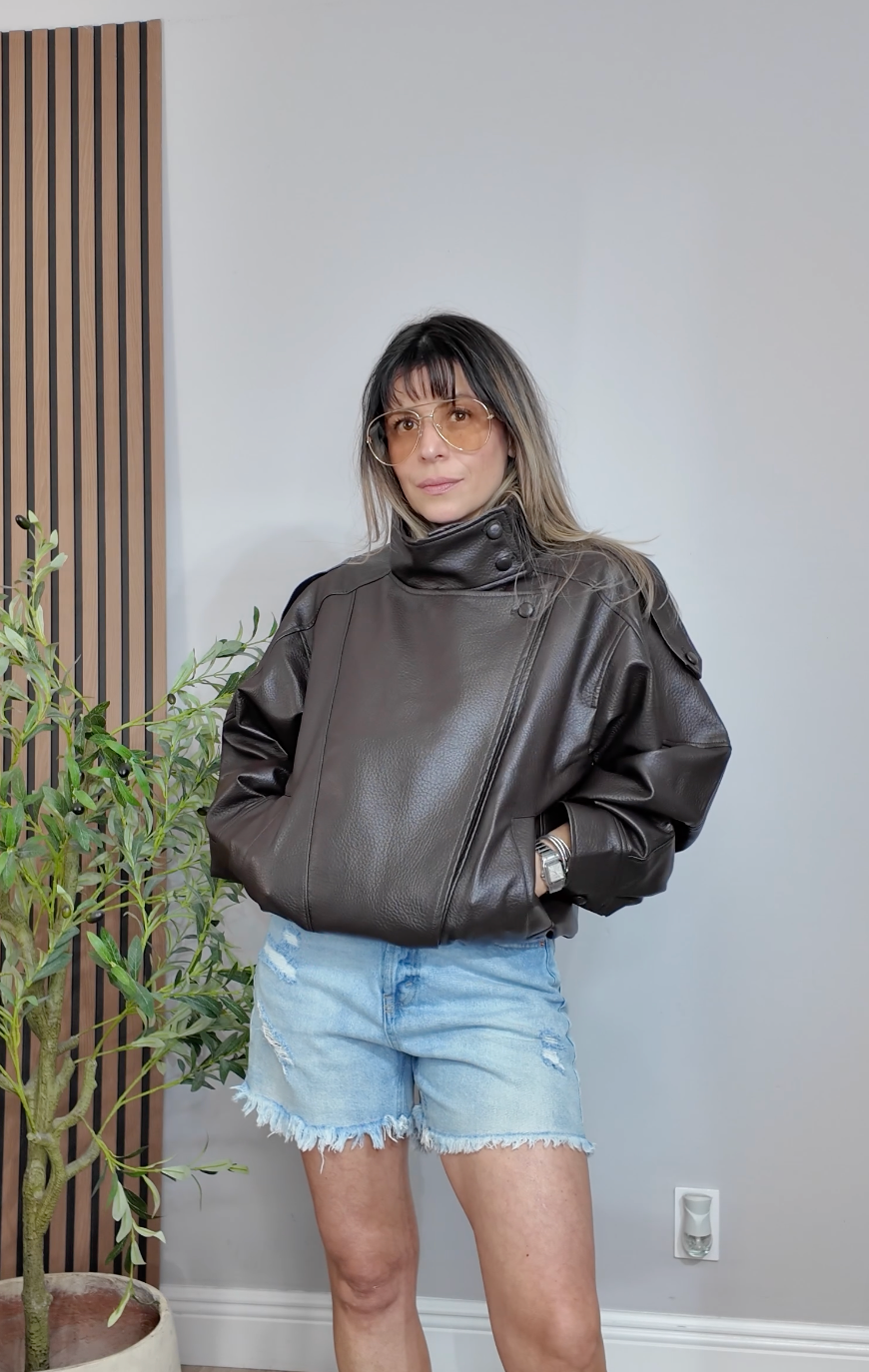 Chocolate Brown Oversized Faux-Leather Bomber Jacket - 34107