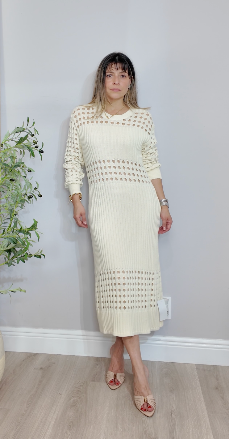 Cream Open-Knit Long-Sleeve Midi Dress - 34132