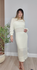 Cream Open-Knit Long-Sleeve Midi Dress - 34132