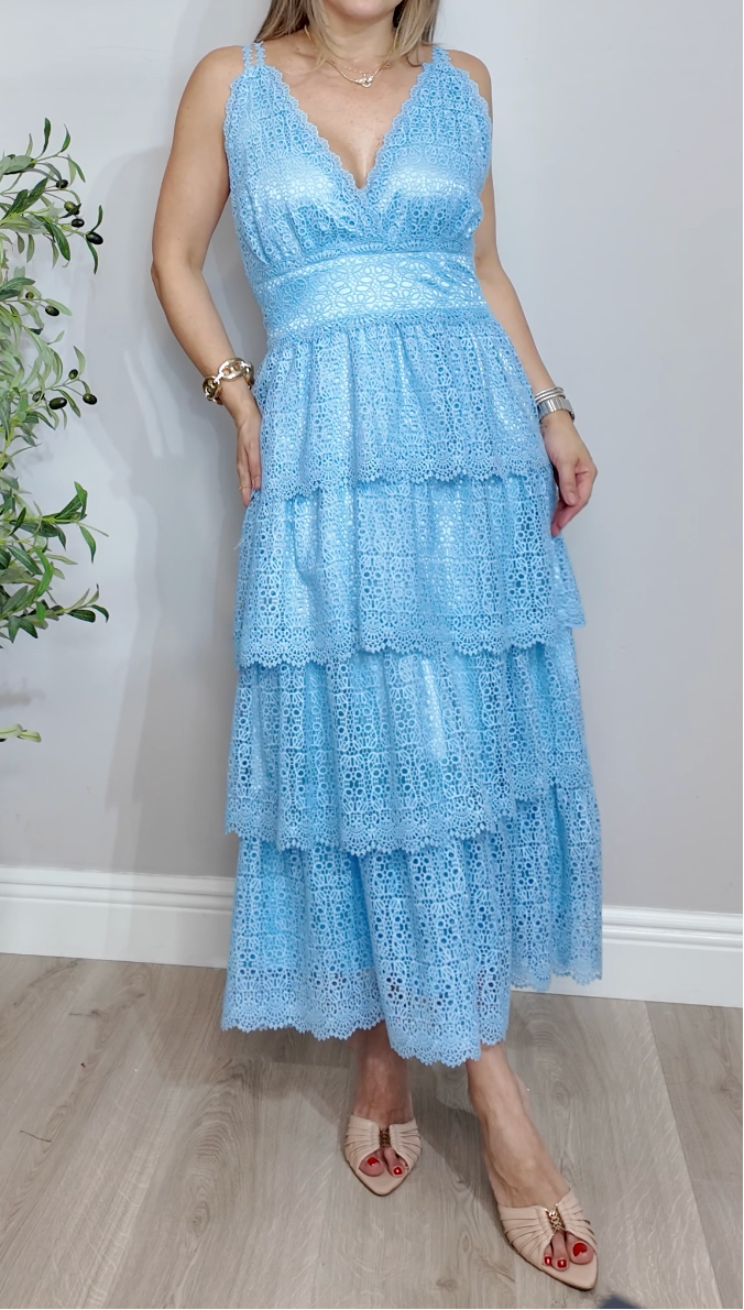 Sky Blue Tiered Guipure Lace Maxi Dress - 34161