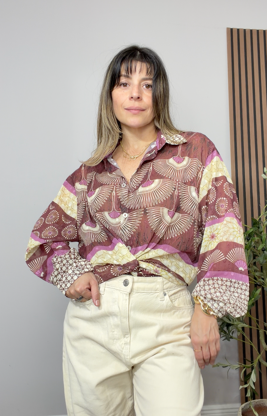 Artistic Patterned Oversized Button-Down Shirt - 34157