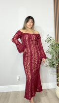 Burgundy Off-the-Shoulder Lace Maxi Dress - 33925