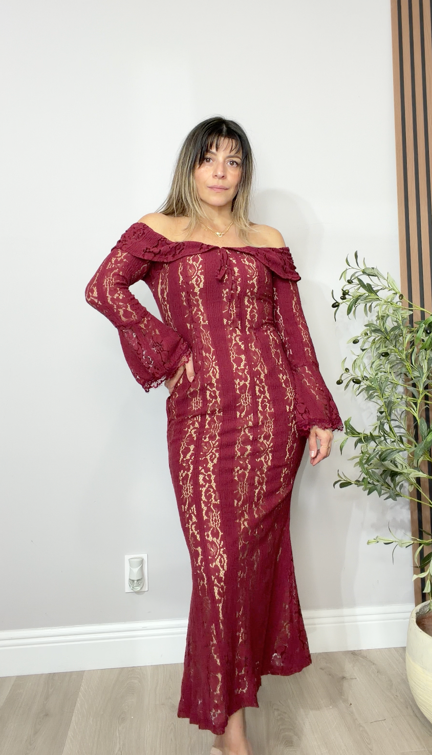 Burgundy Off-the-Shoulder Lace Maxi Dress - 33925