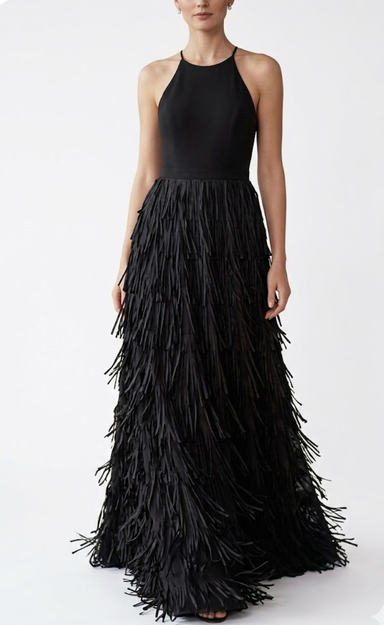 Aidan Mattox  Black Fringe-Tiered Evening - 30517